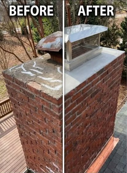 Cracked chimney crown and rusted cap, then rebuilt with a new stainless cap