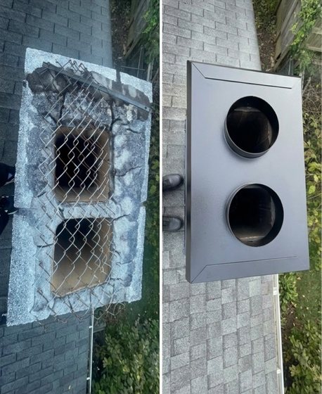 Chimney top covered with old wire mesh, then fitted with a new multi-flue cap