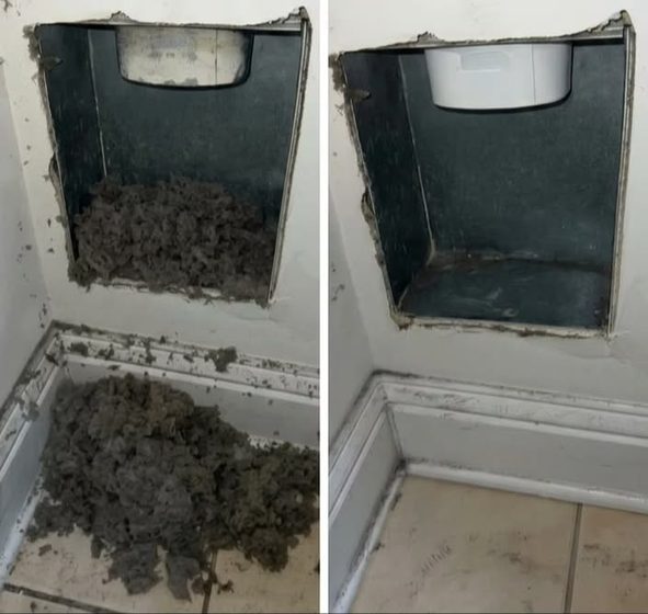 Dryer vent wall cavity full of lint, then cleaned out