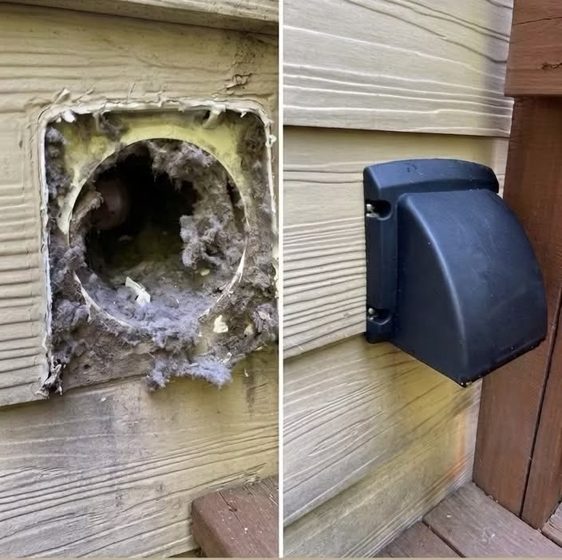 Exterior dryer vent blocked with lint, then replaced with a clean cover