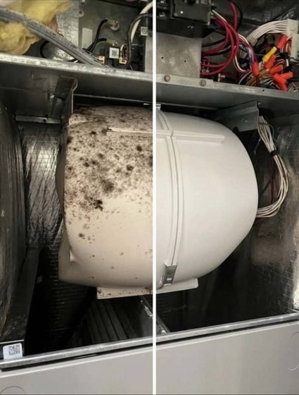 Furnace blower wheel caked with dirt and debris, then cleaned back to white